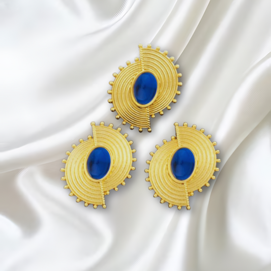 Boucles d'Oreilles et bague en Or Plaqué avec perle en relief bleu