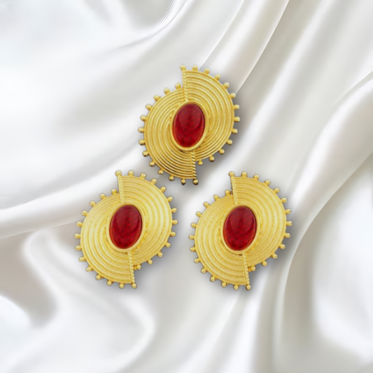 Boucles d'Oreilles et bague en Or Plaqué avec perle en relief rouge vert