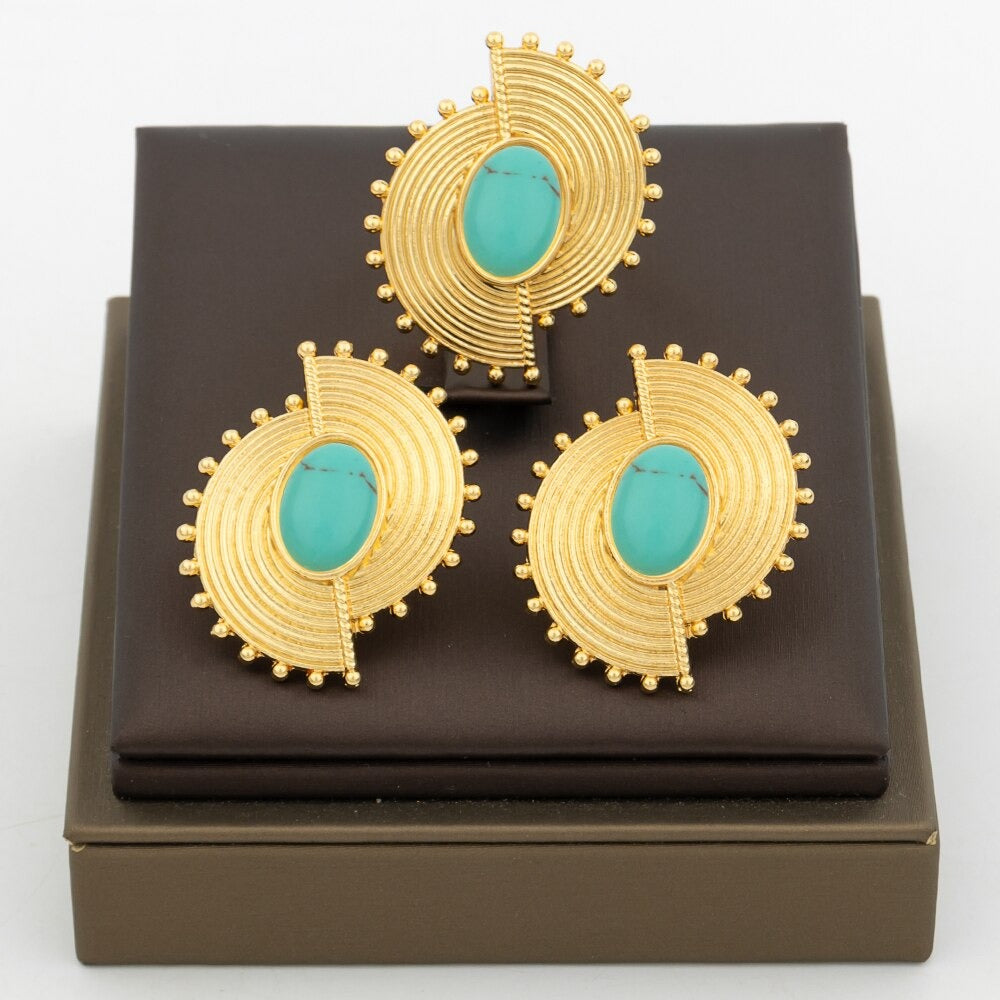 Ensemble bijoux boucle d'oreille et bague ''Miji'' bleu turquoise